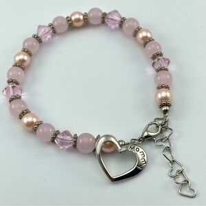 Pink Beaded Heart Charm Bracelet/Anklet – “Mommy” Gift Jewelry
